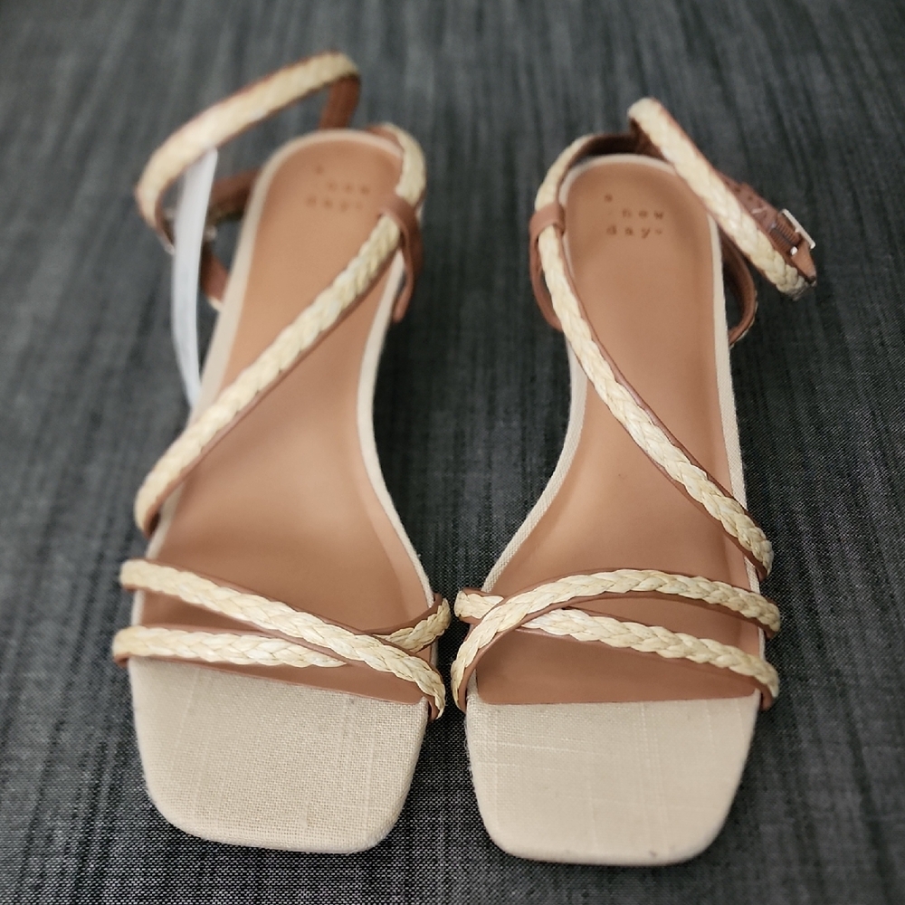 Tan and Cream Strappy Sandals with Low Heel and Braided Straps